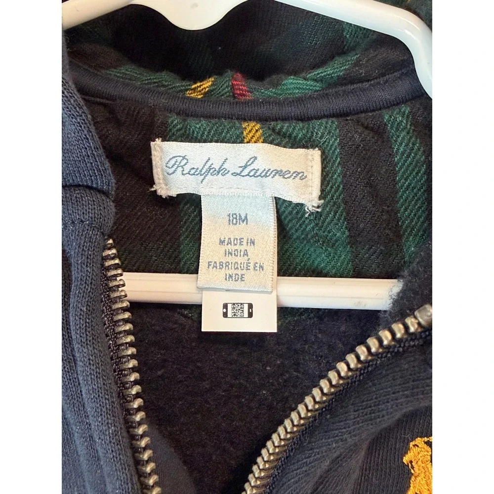 Ralph Lauren Boys‎ Navy Blue Plaid Lined Full Zip Fleece Hoodie 18M Yellow Pony